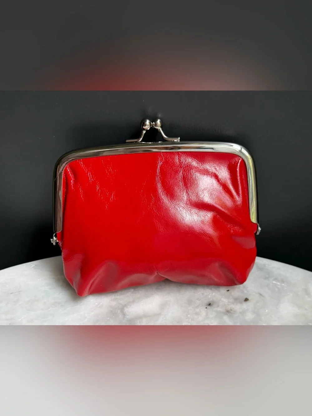 Vintage Style Red Faux Leather Double Kiss Lock Coin Purse Wallet Polka Dot